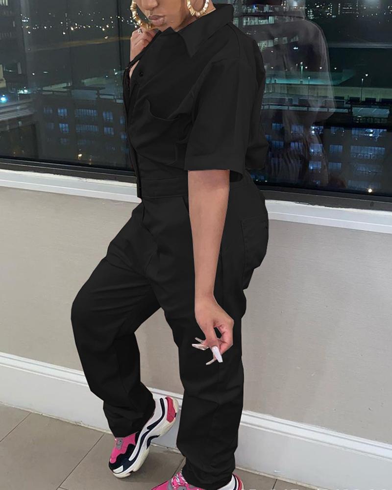 Solid Zip Up Pocket Detail Overall Casual Jumpsuit