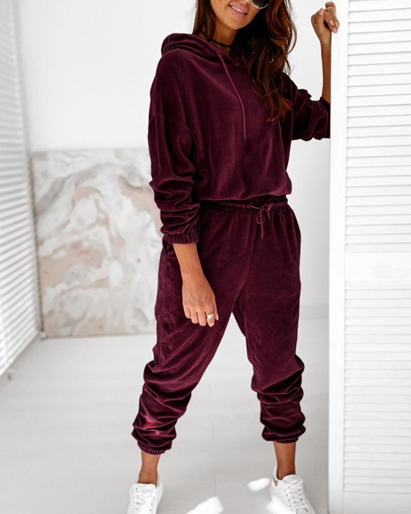 Solid Velvet Drawstring Detail Hoodie & Pants Set-Pinkami