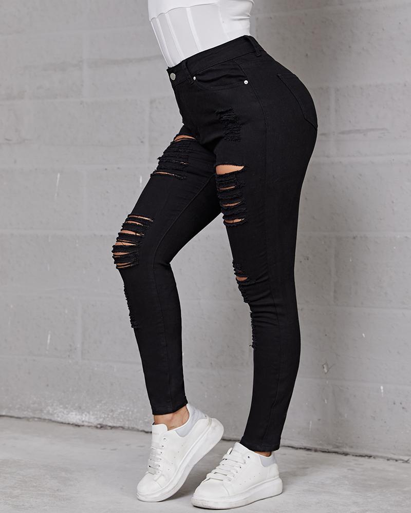 Women Hollow Out Distressed Skinny Jeans-Pinkami