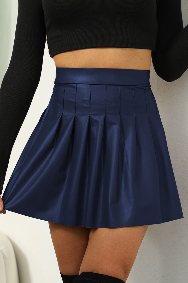 PU Leather Solid Pleated High Waist Mini Skirt