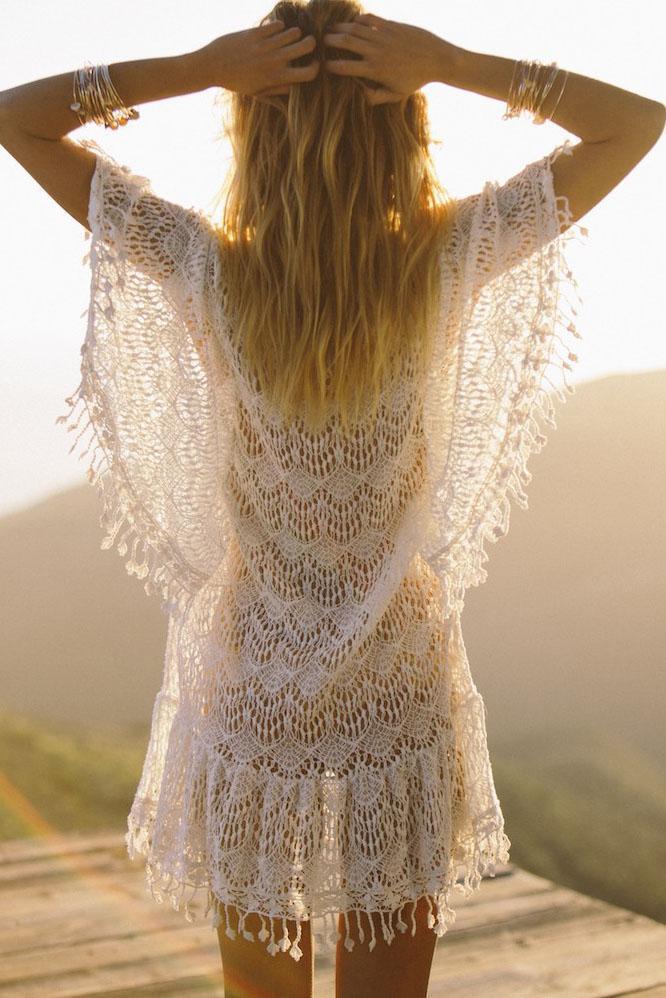 White Crochet Hollow Out Tassel V Neck Sexy Beach Cover Up Tunic-Pinkami