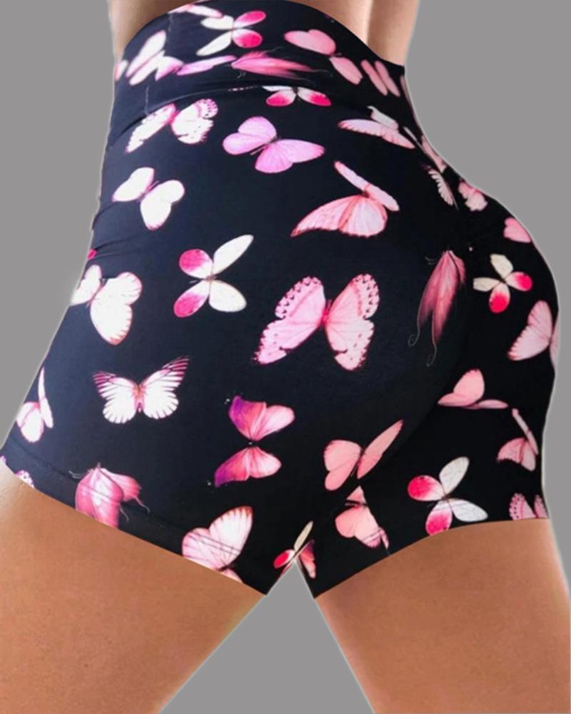 Allover Print Wide Waistband Scrunch Butt Sports Shorts-Pinkami