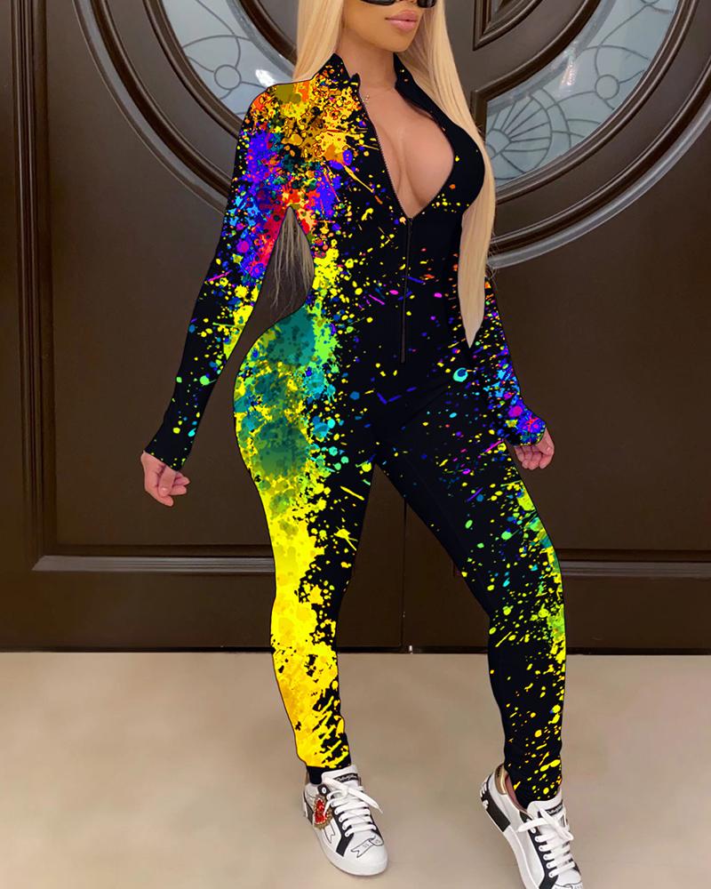 Splash Ink Print Zip Up Form Fitting Casual Jumpsuit