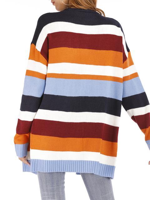 Stripe Splicing Knitted Sweater Cardigan-Pinkami