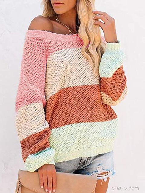 Color Block Off-shoulder Lightweight Sweater-Pinkami