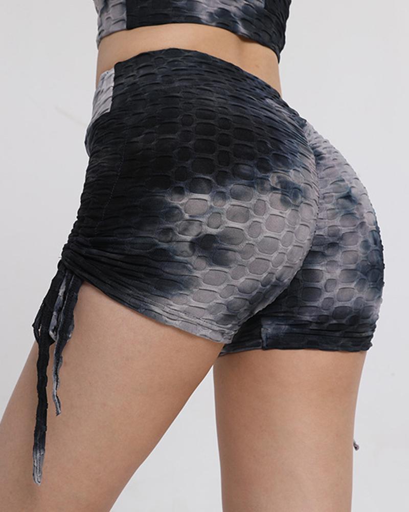 Tie Dye Textured Drawstring Side Butt Lifting High Waist Sports Shorts-Pinkami