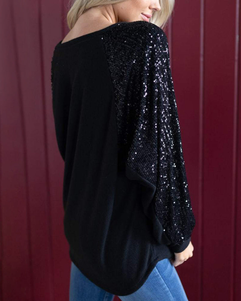 Solid Sequin Raglan Sleeve Oversized T-Shirt-Pinkami