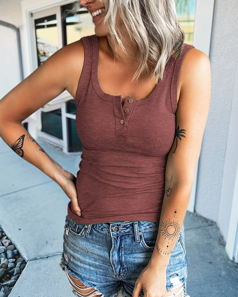 Half Button Placket Ribbed Tank Top-Pinkami