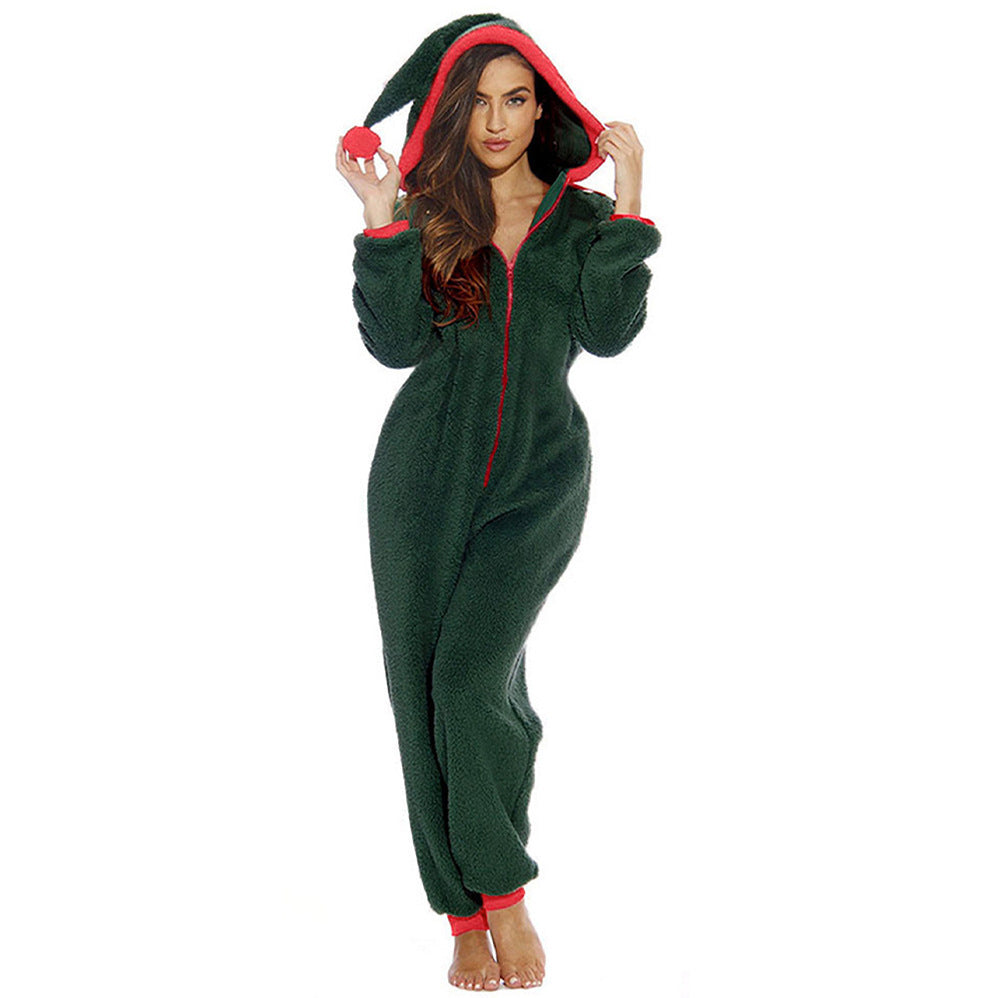 Womens Zipper Santa Onesie With Hood Red-Pinkami