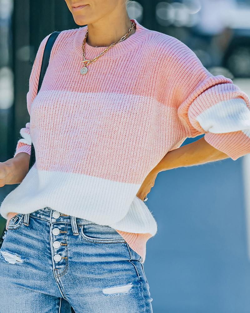 Colorblock Rib-Knit Round Neck Sweater-Pinkami