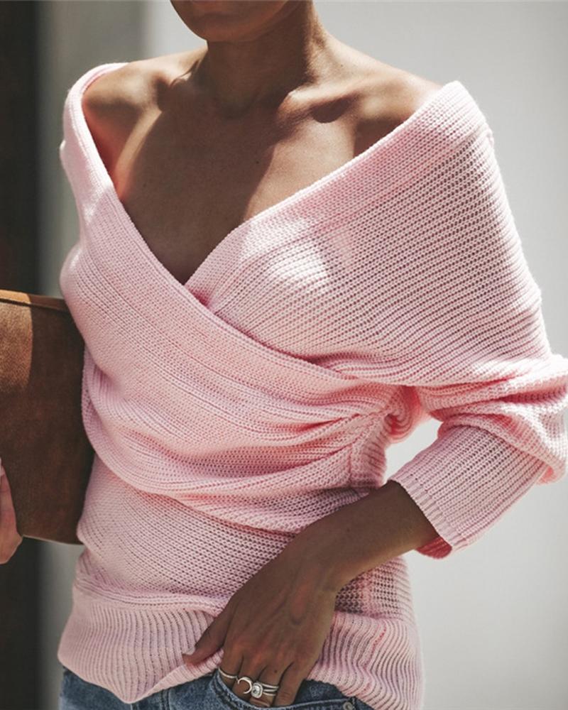 Solid Chunky Knit Ruched Surplice Neck Sweater-Pinkami