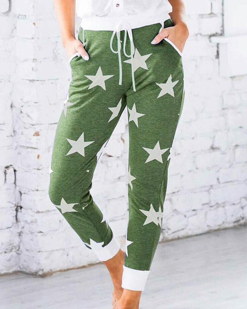 Star Print Drawstring Waist Pocket Side Sports Pants For Women-Pinkami