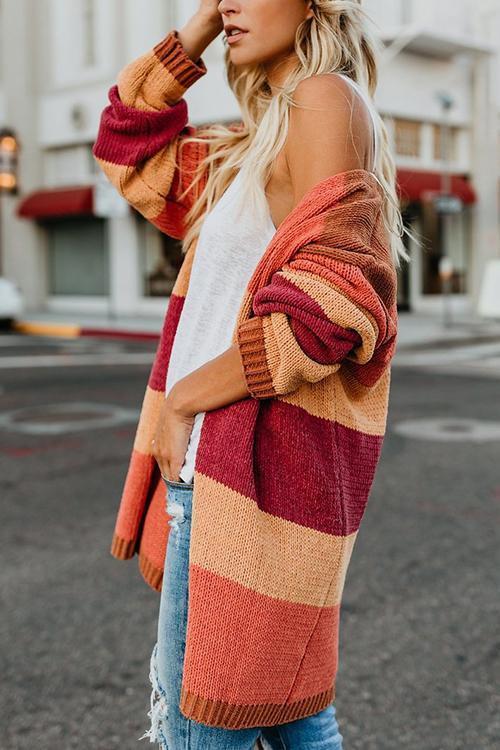 Contrast Stitching Sweater Cardigan-Pinkami