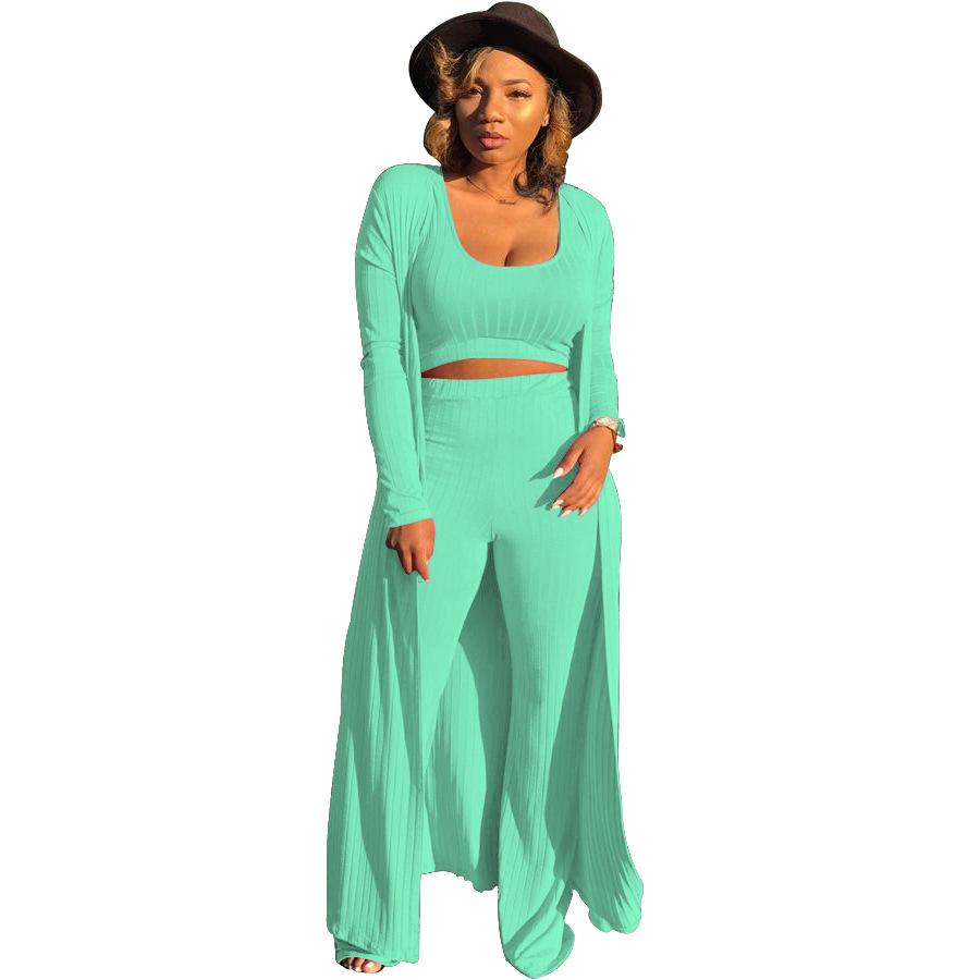 Scoop Neck Ribbed Wide Leg Cardigan & Top & Pants Set