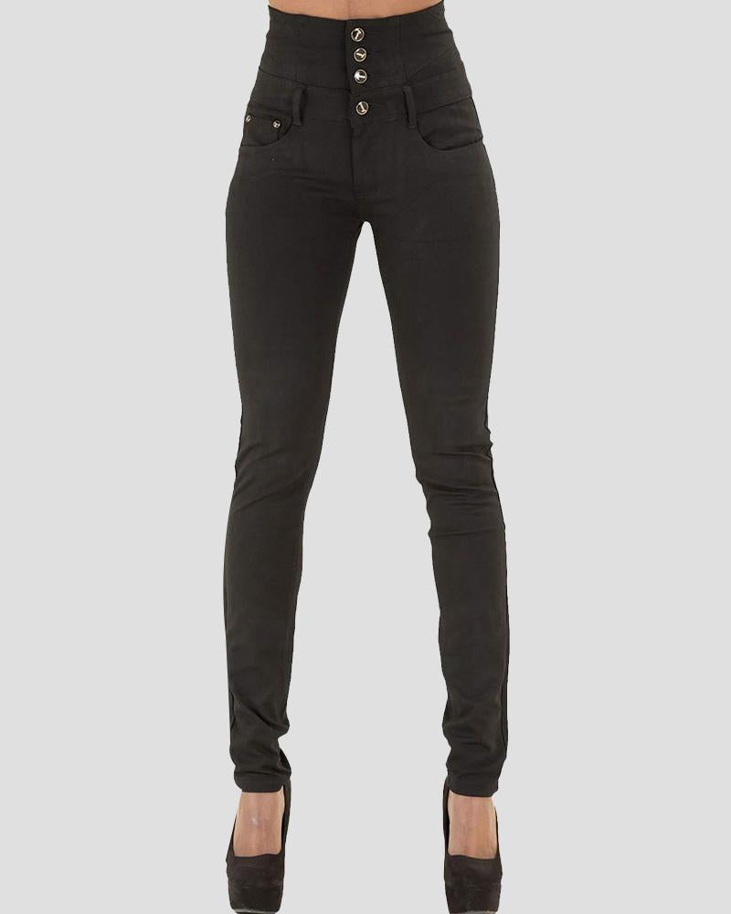 Women Button Front High Waist Skinny Jeans-Pinkami