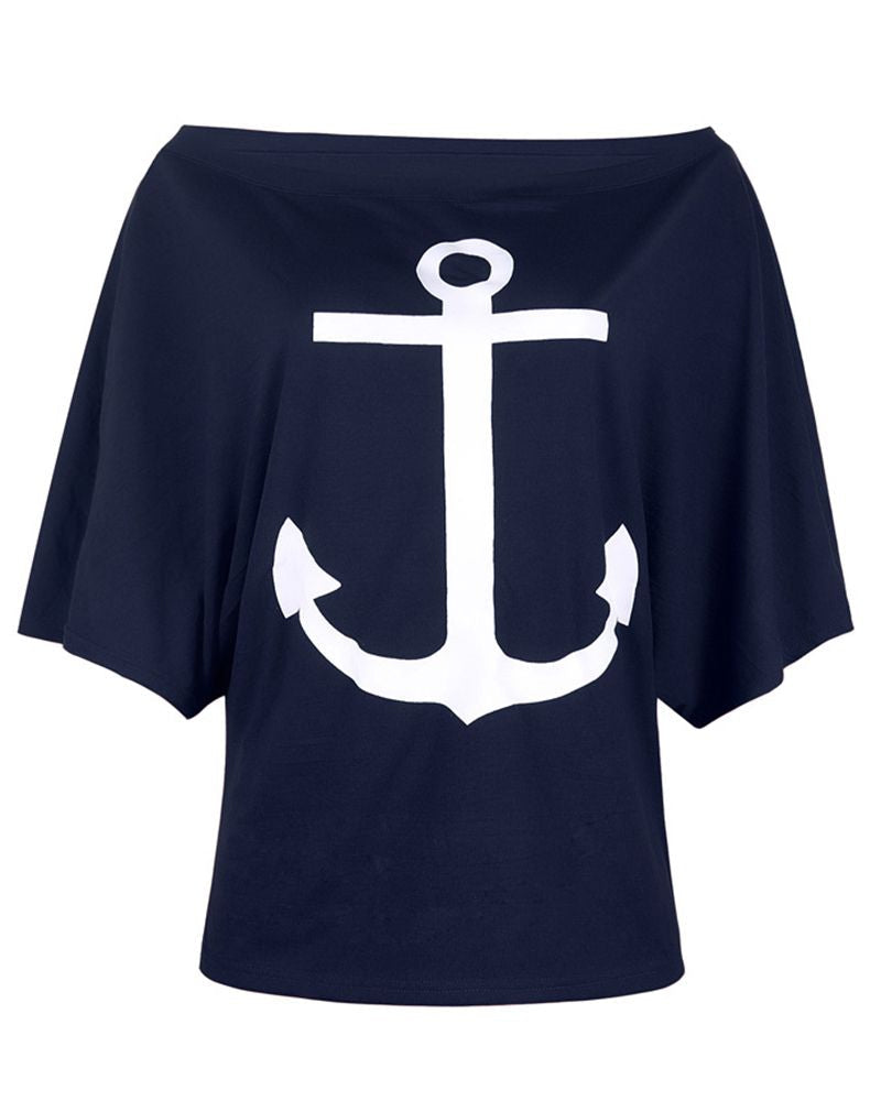 Anchor Print Half Sleeve Off Shoulder T-Shirt-Pinkami