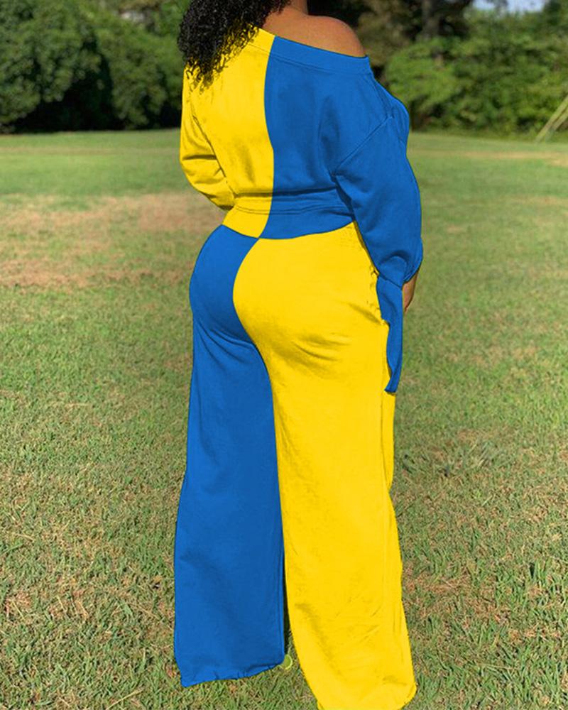 Two Tone Asymmetrical Boat Neck Top & Pants Set-Pinkami