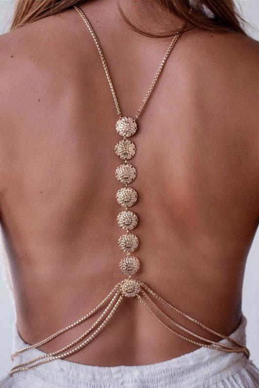 Gold Layered Floral Engraved Vintage Belly Back Body Chain Necklace Jewelry-Pinkami