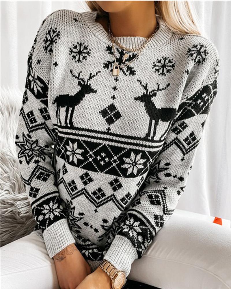 Christmas Print Contrast Binding Rib-Knit Round Neck Sweater-Pinkami