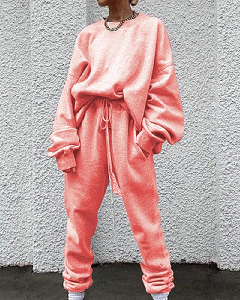Solid Drawstring Waist Slant Pocket Elastic Hem Sweatshirt & Pants Set-Pinkami