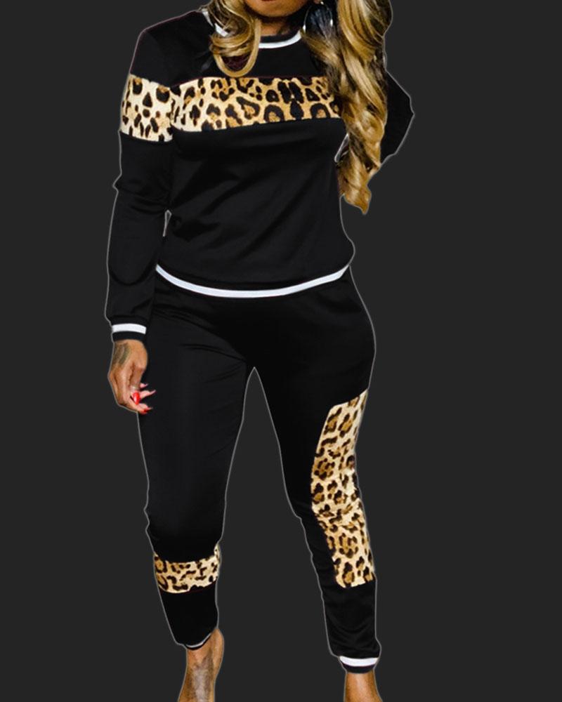 Striped Leopard Print Top & Pants Set-Pinkami