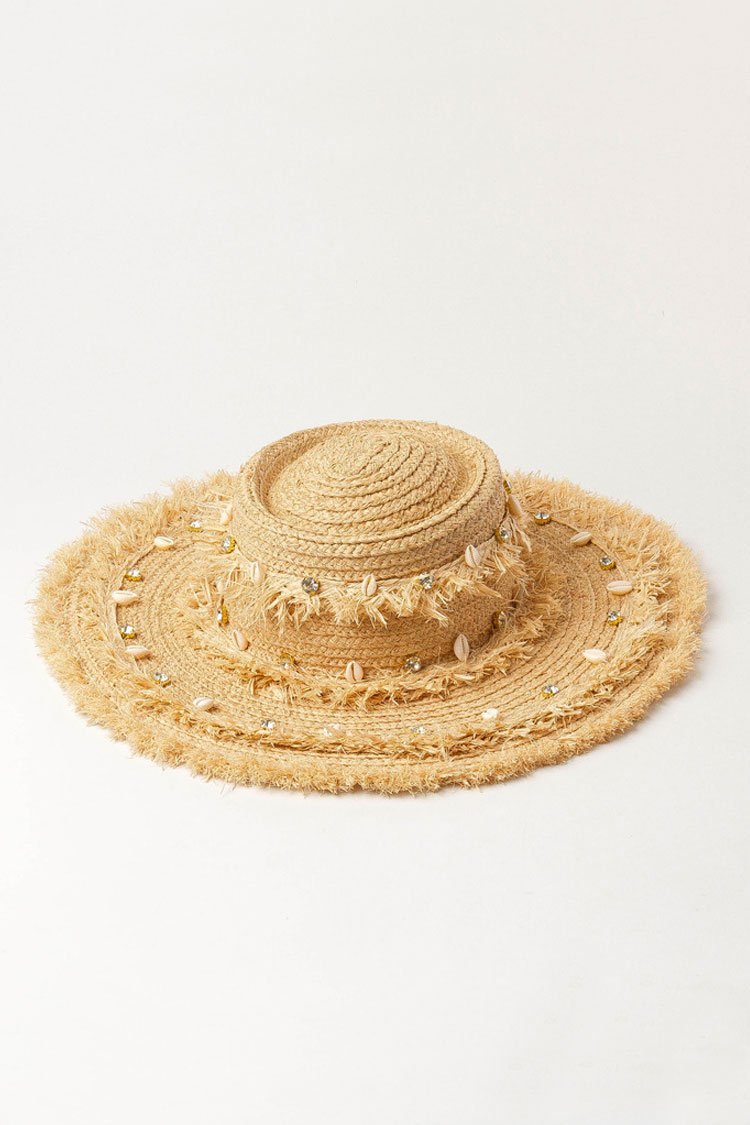 Glitter Frayed Shell Beach Straw Sun Hat