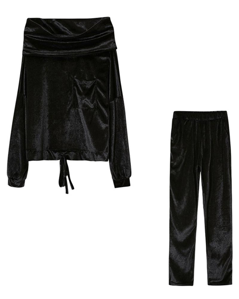 Solid Velvet Drawstring Boat Neck Top & Pants Set-Pinkami