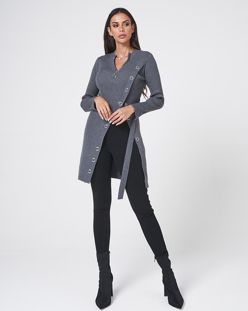 Solid Ribbed Ring Detail Split Hem Sweater-Pinkami