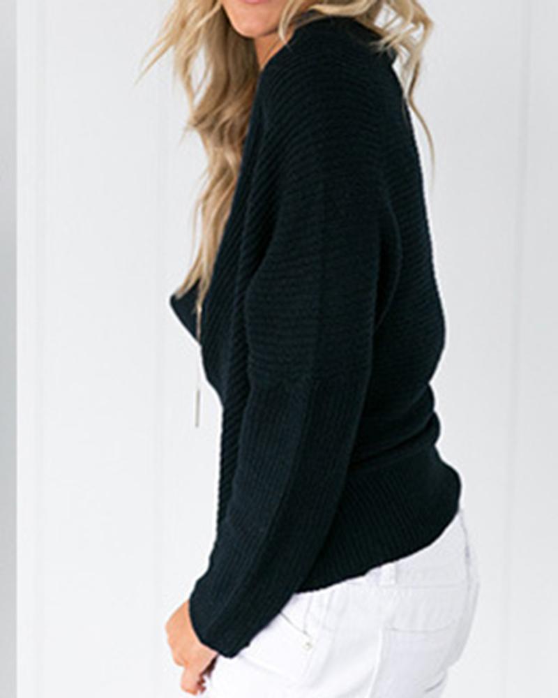 Solid Chunky Knit Ruched Surplice Neck Sweater-Pinkami