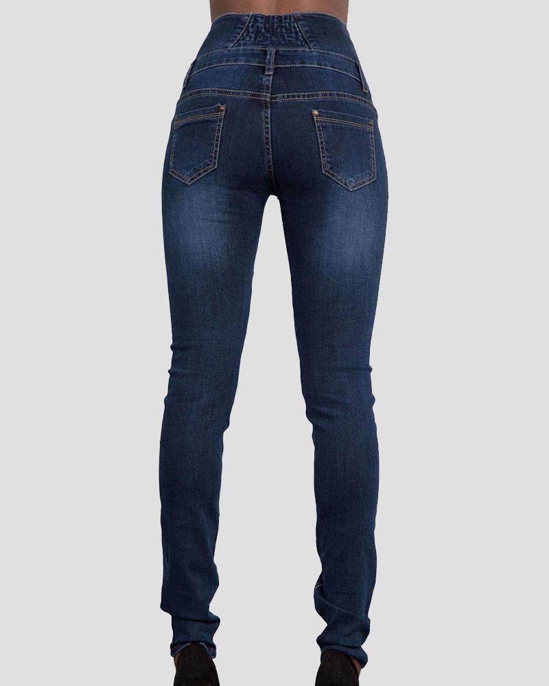 Women Button Front High Waist Skinny Jeans-Pinkami