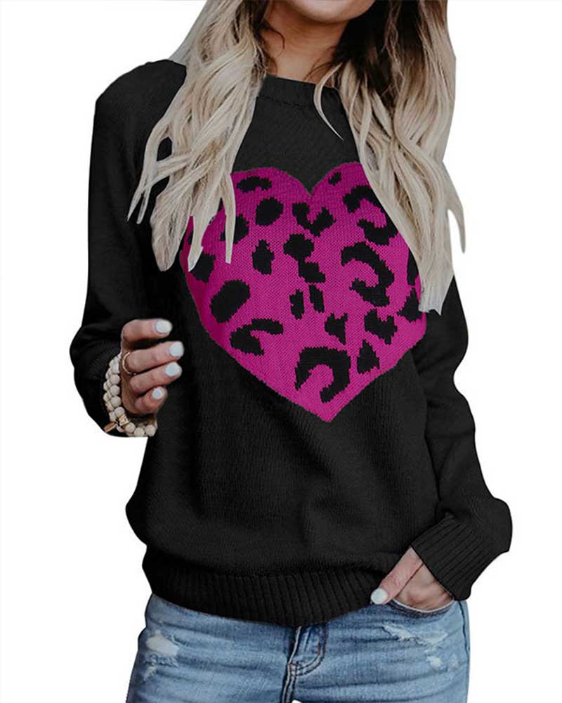 Leopard Heart Pattern Print Rib-Knit Sweater-Pinkami