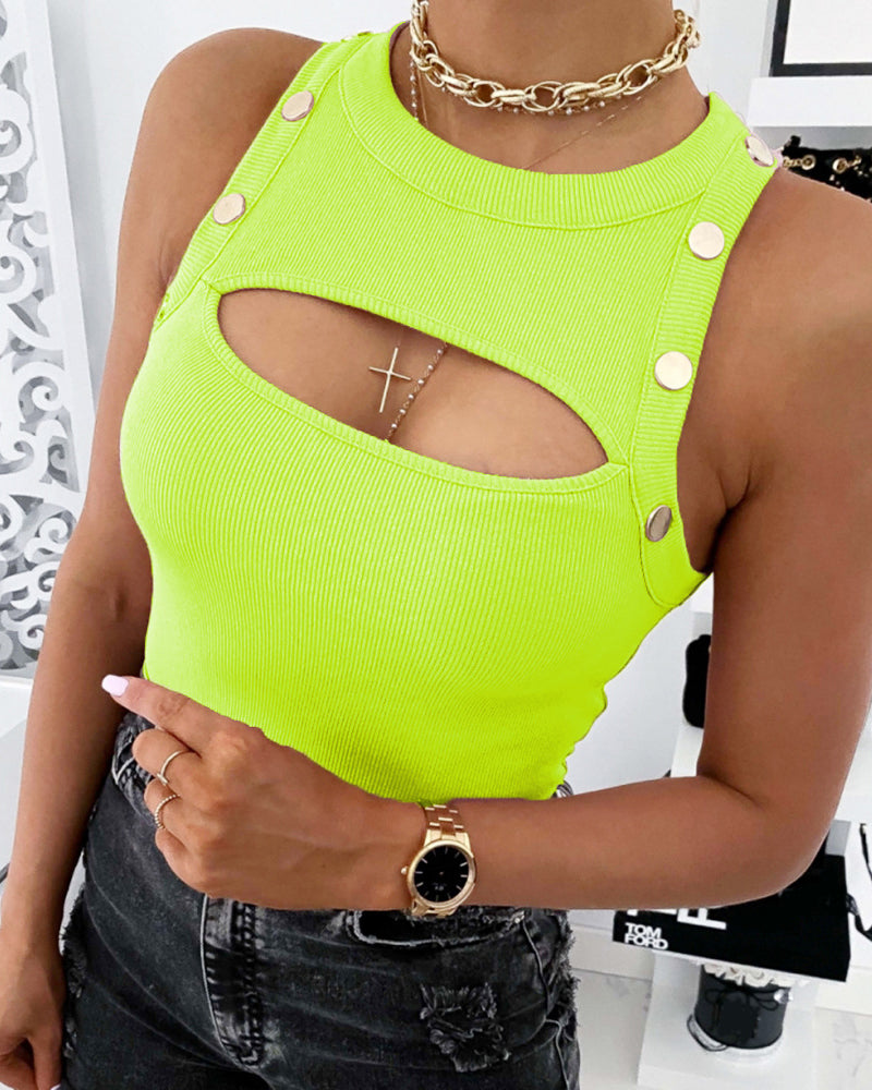 Ribbed Button Side Cut Out Tank Top-Pinkami