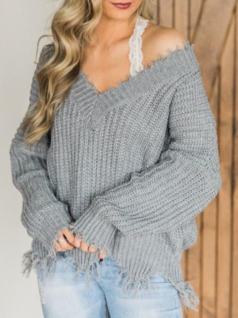 Solid Color V-neck Knitted Short Sweater-Pinkami