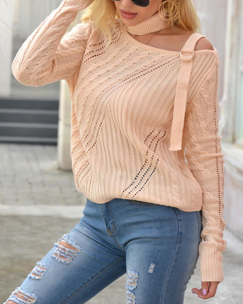 Solid Cable Knit Buckle Cutout Turtleneck Sweater-Pinkami