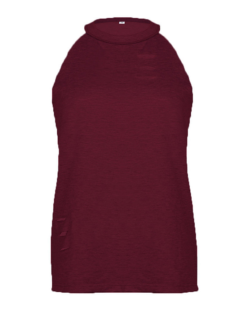 Solid Ripped Detail Halter T-Shirt-Pinkami