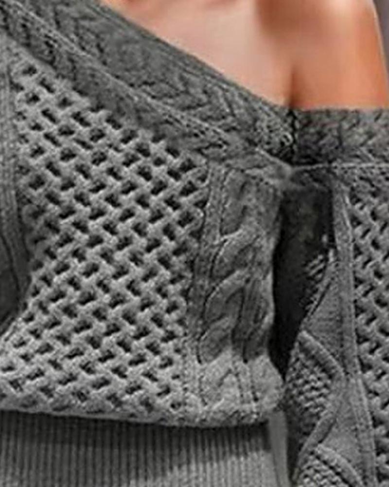 Solid Mixed Knit Lantern Sleeve Asymmetrical Neck Sweater-Pinkami