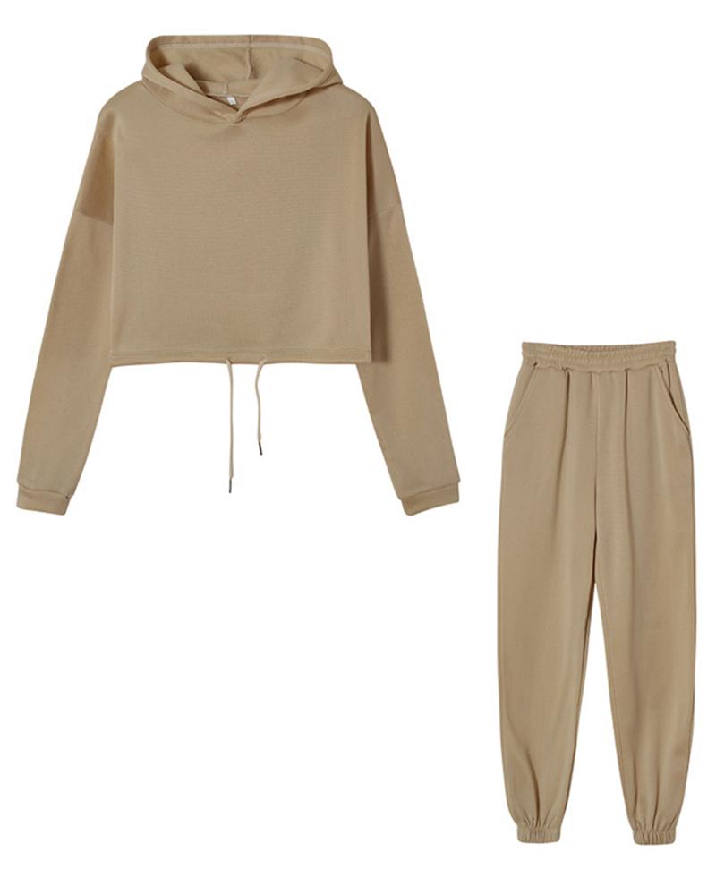 Solid Drawstring Elastic Hem Hooded Top & Pants Set-Pinkami