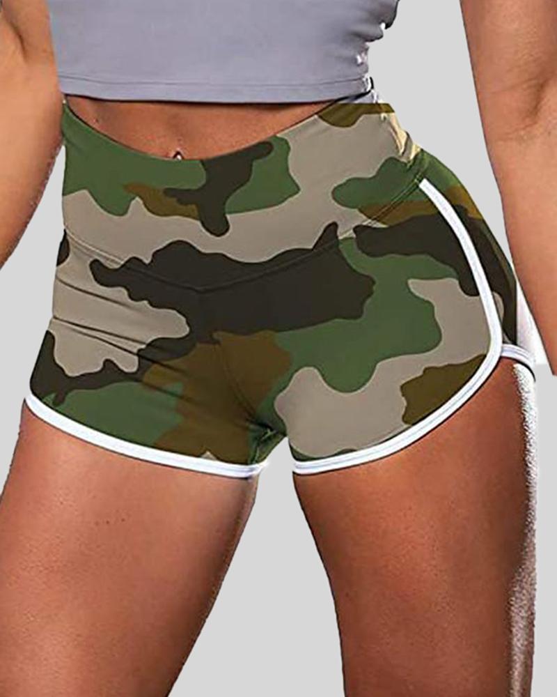 Allover Print Contrast Binding High Waist Sports Shorts-Pinkami