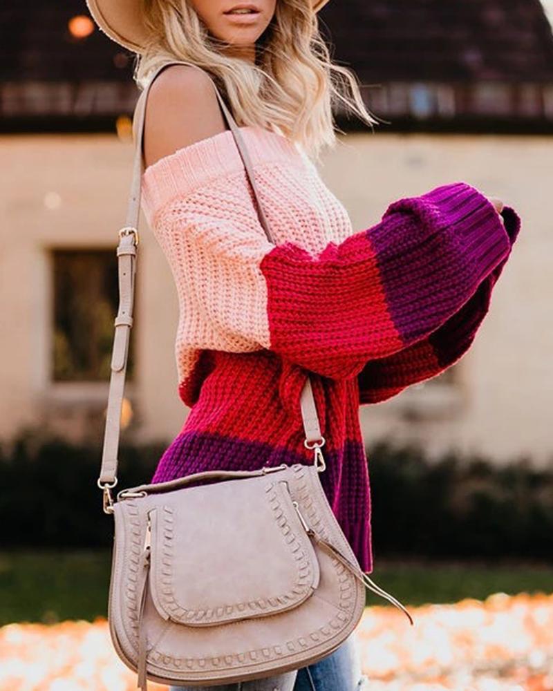 Colorblock Chunky Knit Boat Neck Sweater-Pinkami