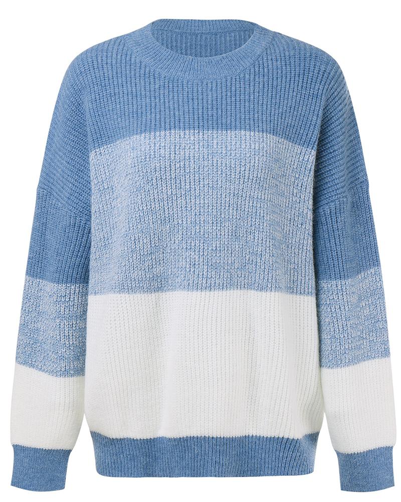 Colorblock Rib-Knit Round Neck Sweater-Pinkami