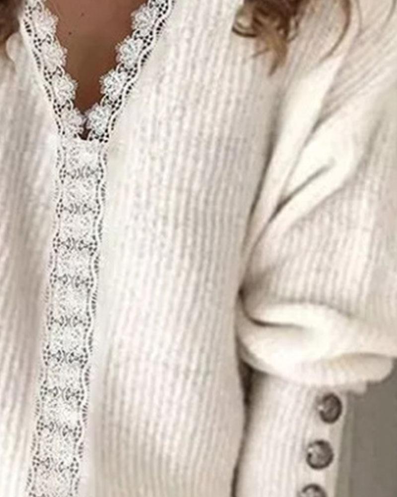 Lace Panel Button Trim Rib Knit Sweater-Pinkami