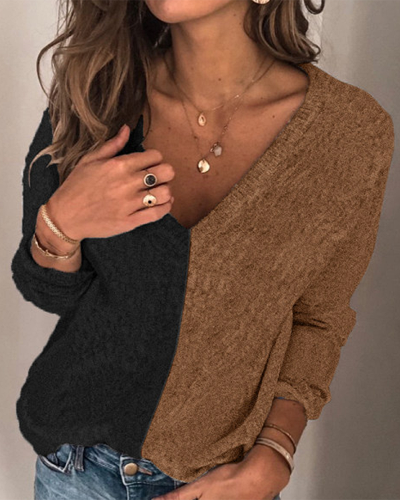 Two Tone Long Sleeve V Neck Sweater-Pinkami