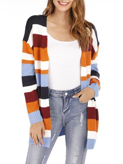Stripe Splicing Knitted Sweater Cardigan-Pinkami