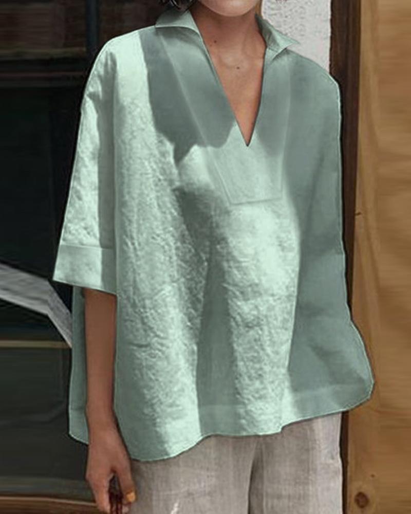 Linen V-Neck Loose Top-Pinkami