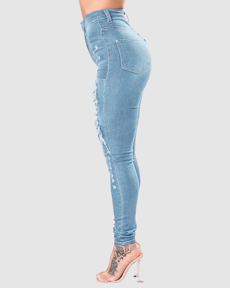 Women High Waist Ripped Hollow Out Skinny Jeans-Pinkami