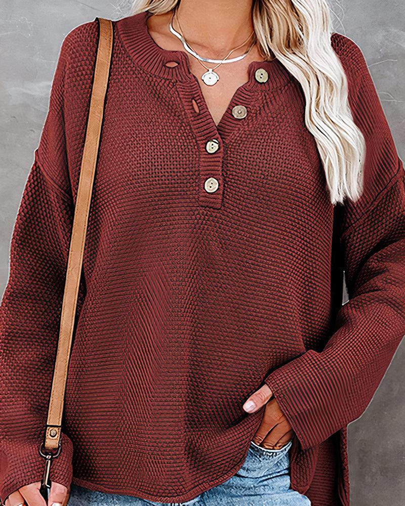 Solid Waffle Knit Topstitching Split Hem Button Detail Sweater-Pinkami