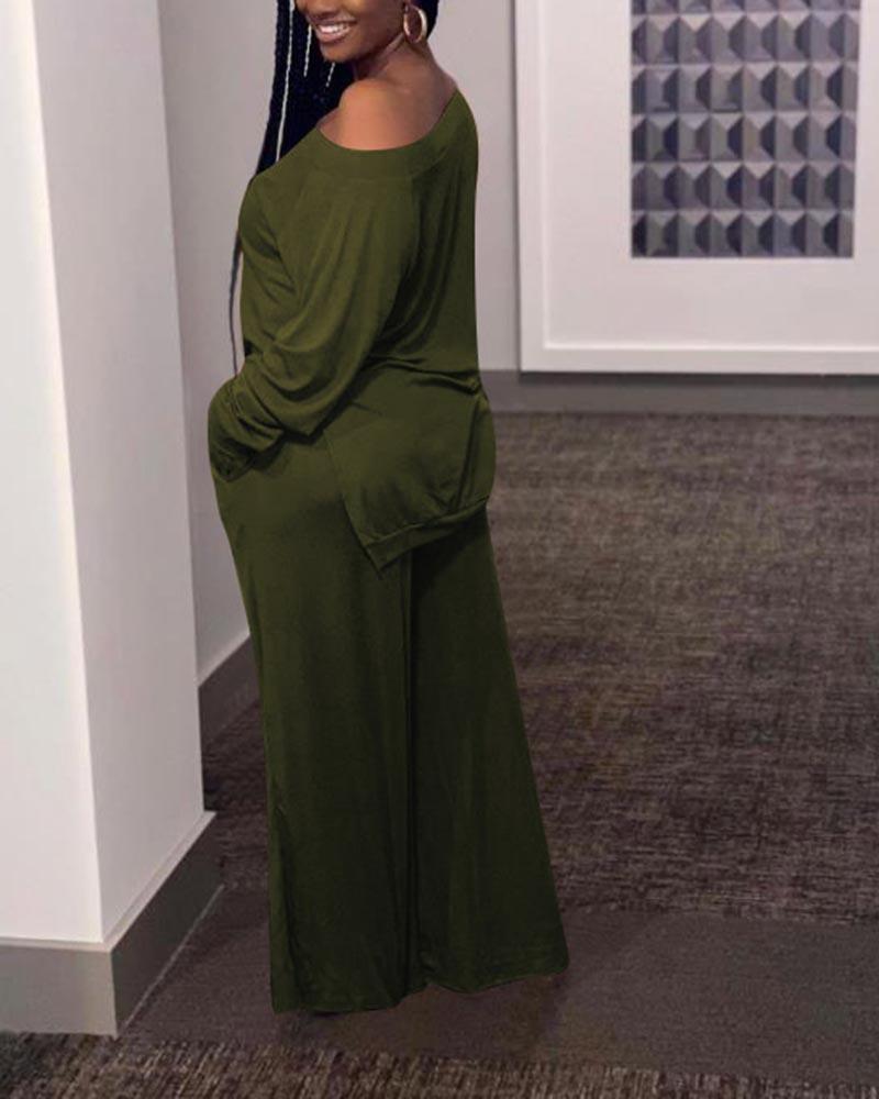 Solid Split Hem Boat Neck Top & Pants Set-Pinkami