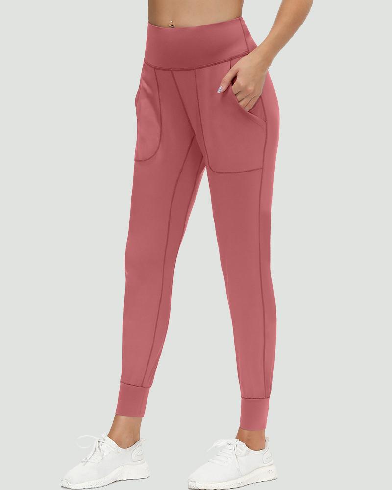 Slant Pocket Wide Waistband Elastic Hem Sports Leggings For Women-Pinkami