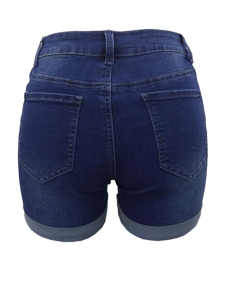 Women Roll Up Hem High Waist Denim Shorts-Pinkami