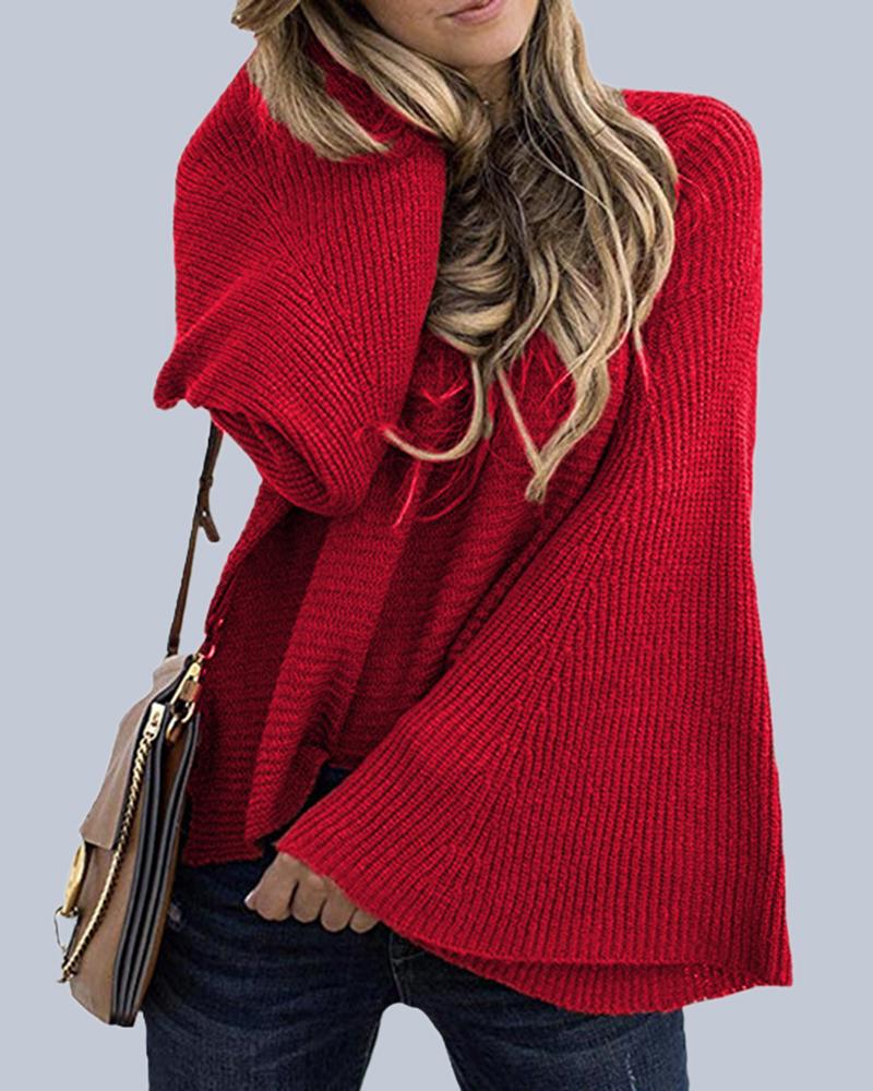 Solid Bell Sleeve Scoop Neck Sweater-Pinkami